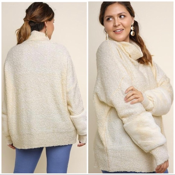 Umgee Long Sleeve Turtleneck Knit Pullover Sweater with Faux Fur Sleeve Detail - Picture 4 of 7